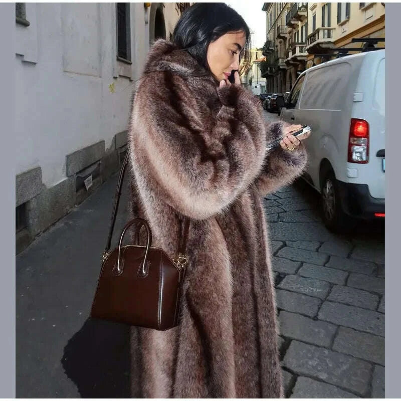Fashion Brown Faux Fur Overcoat Women Luxury Lapel Long Sleeve Fluffy Coat 2025 Winter Female Thicken Warm High Street Outwear