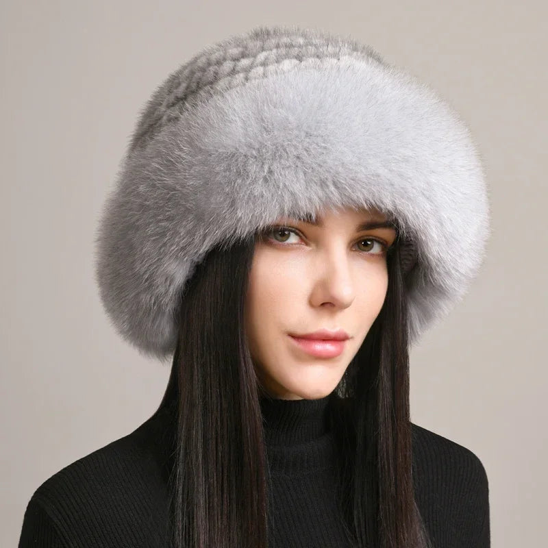 New Genuine Real Natural Knitted Mink Fur Hat Cap Luxury Women Handmade Knit Fashion Winter Headwear Warm Real Fox Fur Beanies