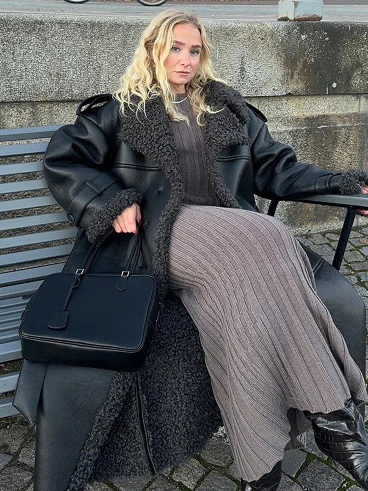 Vintage Patchwork Fur Leather Coats Women Lapel Lace Up Long Sleeve Thicken Warm Jacket 2025 Winter Lady New Streetwear Overcoat