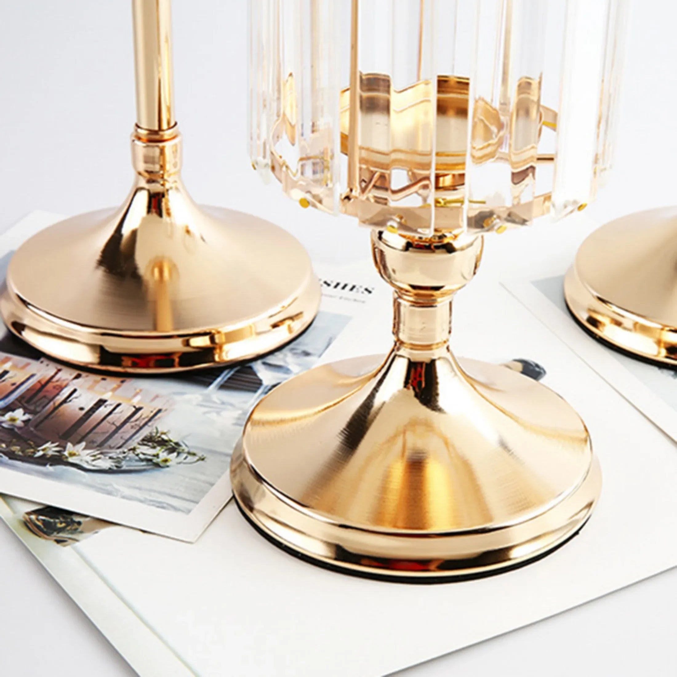 Crystal Gold-Toned Pillar Candle Holder For Dining Tables — Gold | KIMLUD