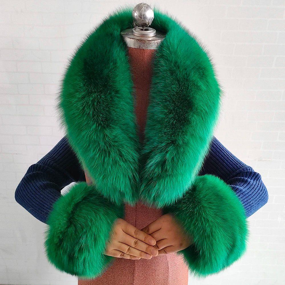 Fox Fur Solid Scarf And Cuff Set For Winter — Green | KIMLUD