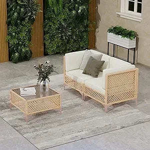 Outdoor Patio Furniture Set, Wicker Outdoor Sectional Set, Boho Patio Conversation Sectional Sofa with Large Tempered Glass Cof