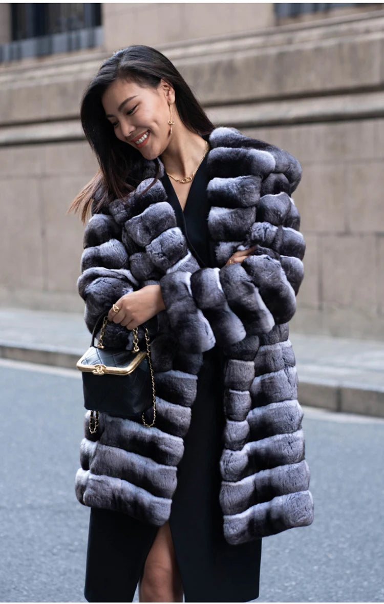 Women's fur coat winter warm mink coat casual mid-length thick hooded trench coat