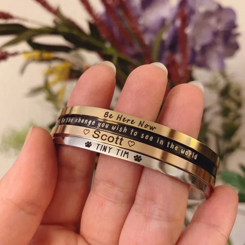 Stainless Steel Engraved Name Text Heart Cuff — Silver | KIMLUD