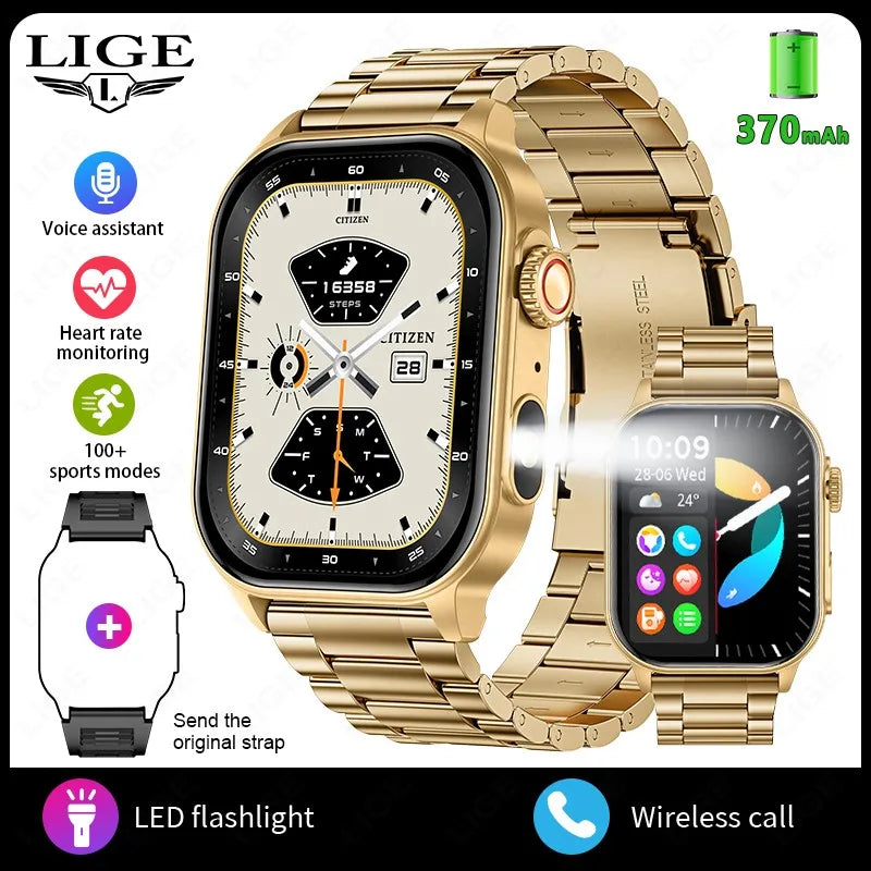 LIGE New Smart Watch LED Flashlight Military Sport Watches 2.01'' Screen Health Monitor Bluetooth Call Waterproof Smartwatch Men