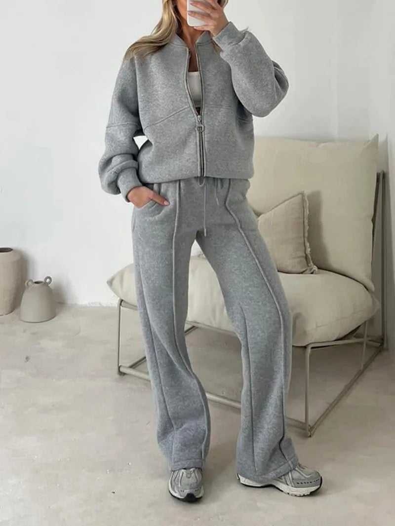Two-Piece Tracksuit With Zip Sweatshirt And Straight Pants — Olive | KIMLUD