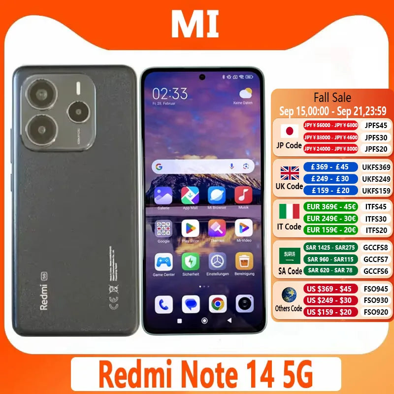 Global version Xiaomi Redmi Note 14 5G Smartphone 108MP AI camera NFC Dimensity 7025-Ultra 6.67" 120Hz AMOLED display IP64