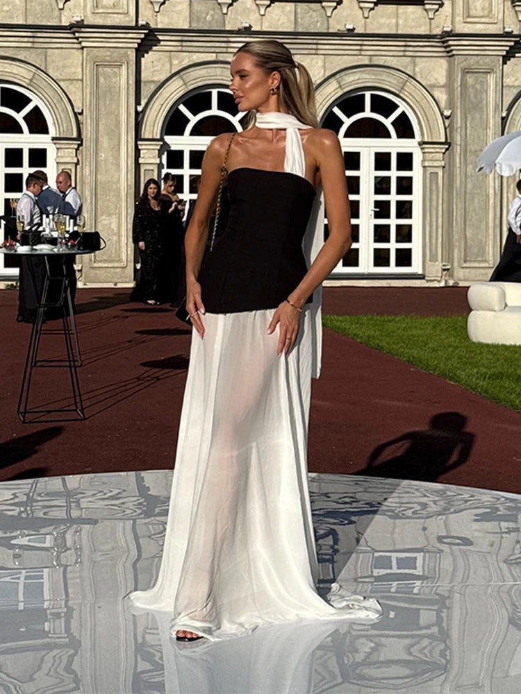 Elegant Color Blocking Ribbon Long Dress Fashion Off Shoulder High Waist Slim Patchwork Ruff Maxi Robes Lady Evening Party Dress