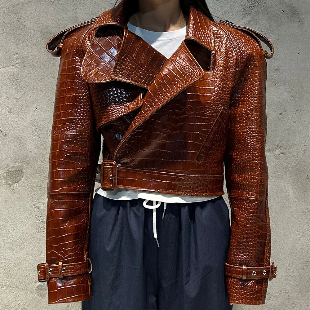 Crocodile Texture Woman Leather Jacket Short Autumn Jacket Leather Fashion Shoulder Pad Jacket