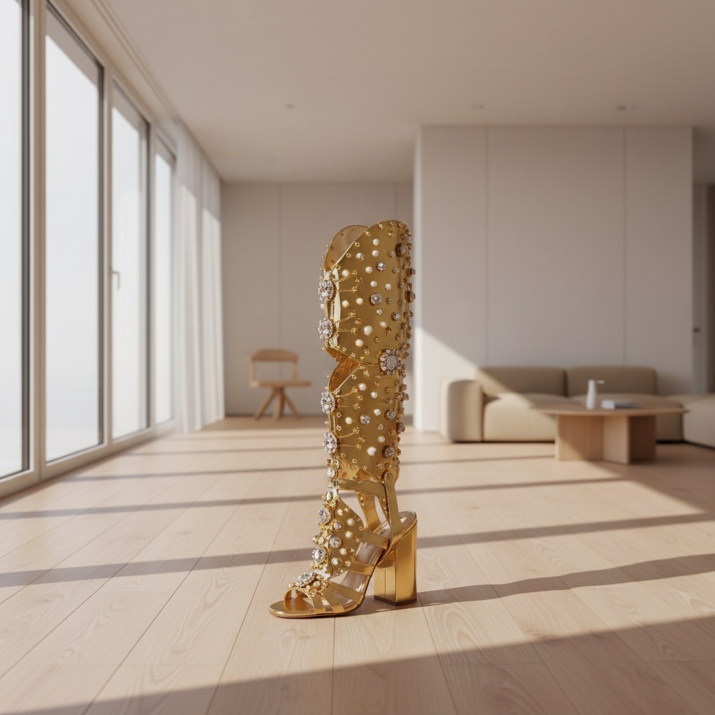 Crystal Flower Decor Hollow Design Knee-High Boots — Gold | KIMLUD