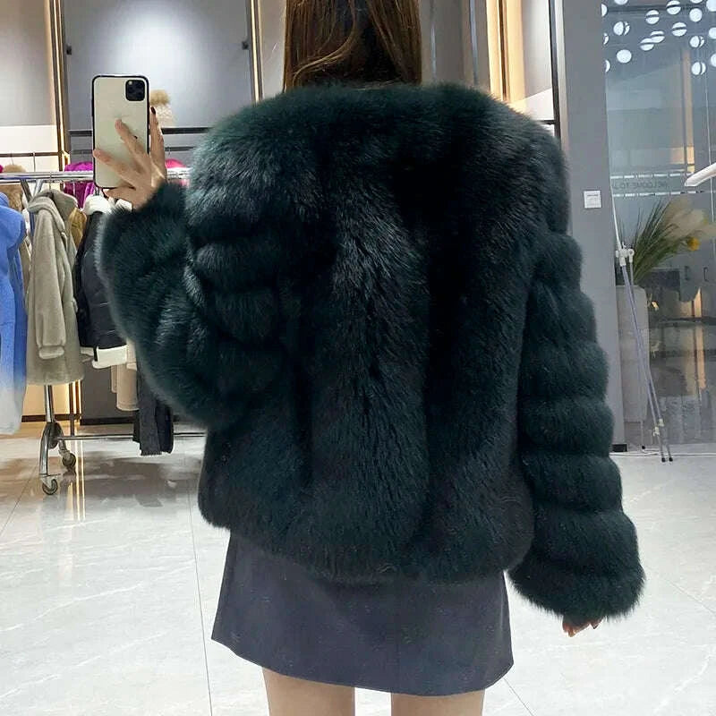 KIMLUD, JANEFUR 2024 Thick Warm Real Fox Fur Coat Fashion Female V-neck Fox Fur Collar Coats Elegant luxury Lady Fur Outwear, KIMLUD Womens Clothes