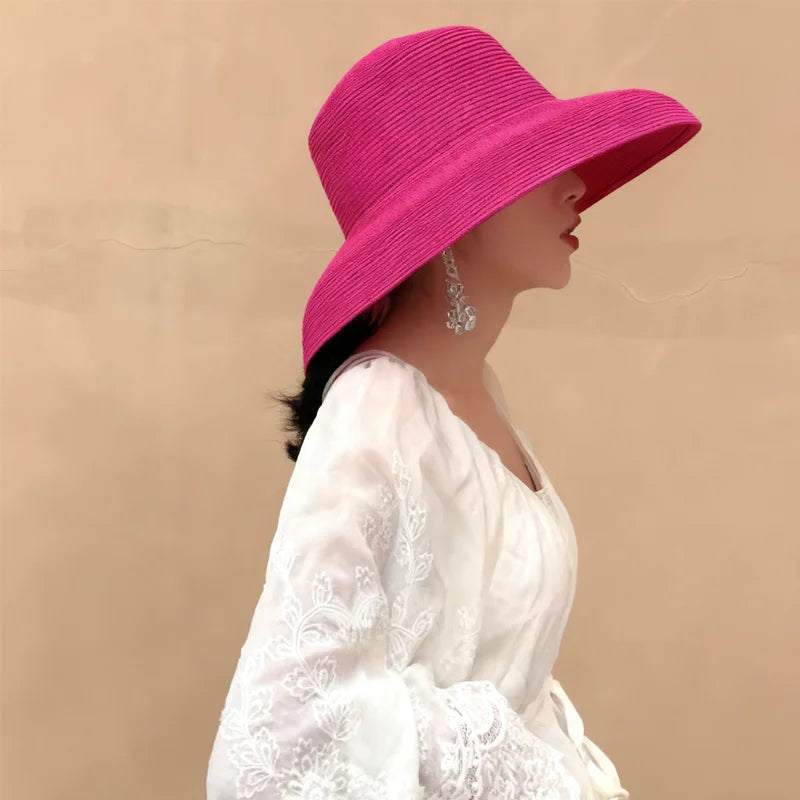 Straw Sun Hat Hepburn Foldable — Rose Red | KIMLUD