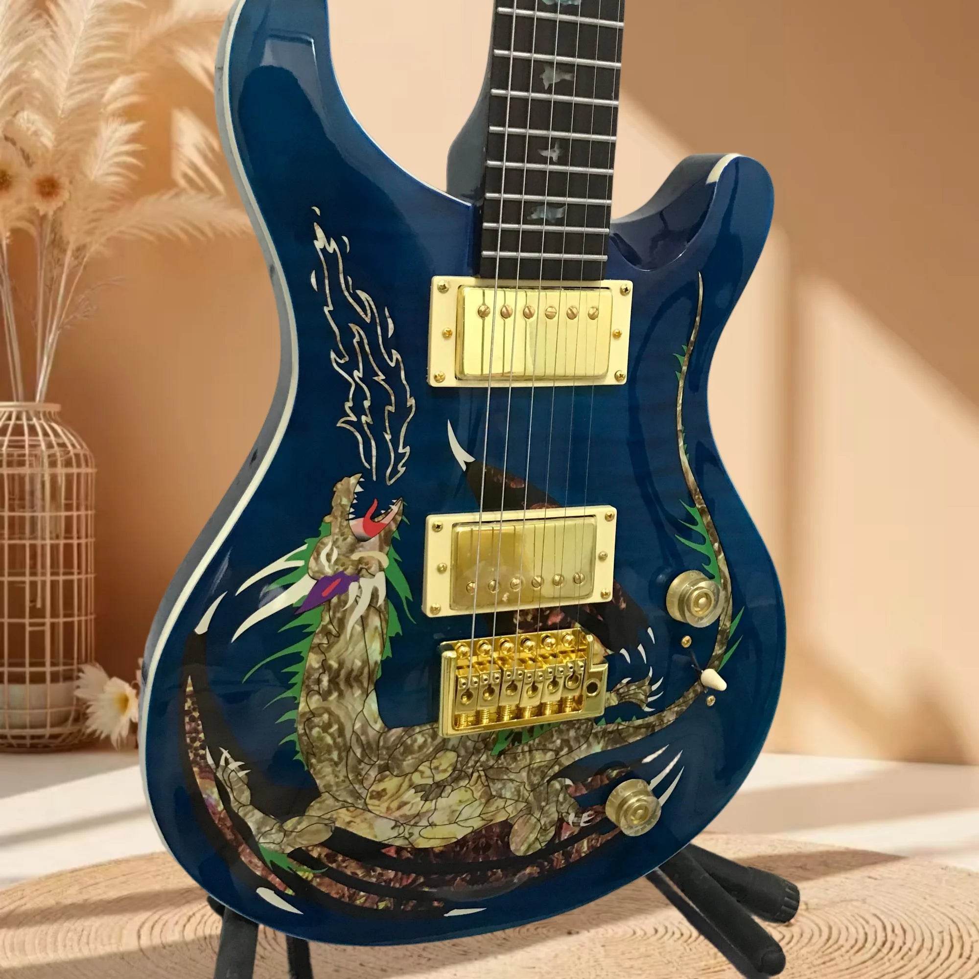 Mahogany Body Dragon Inlay Electric Guitar — Blue | KIMLUD
