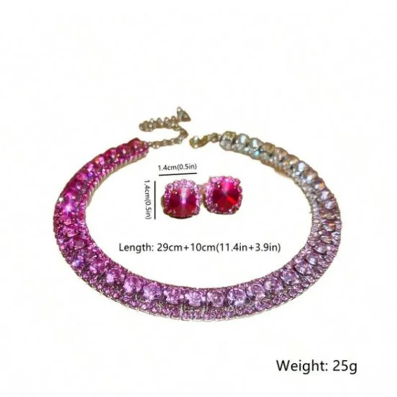 Luxury Crystal Necklace Earrings Set Pink ABcolourful Necklace for Women Weddings Party Jewelry Sets Accessories