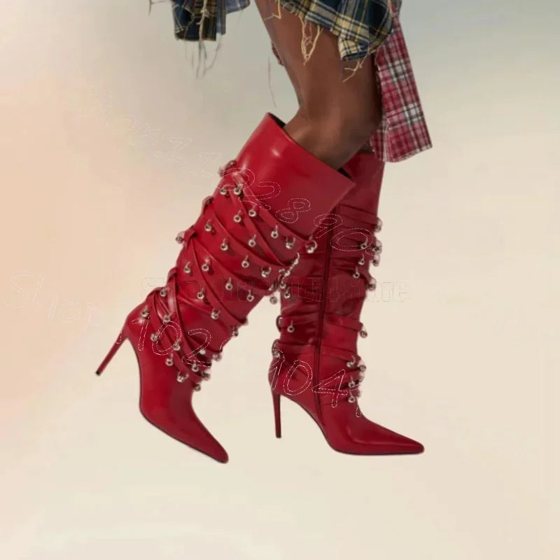 Boots – Metal Circle Rivet – Pointed Toe High Heel – Red | KIMLUD