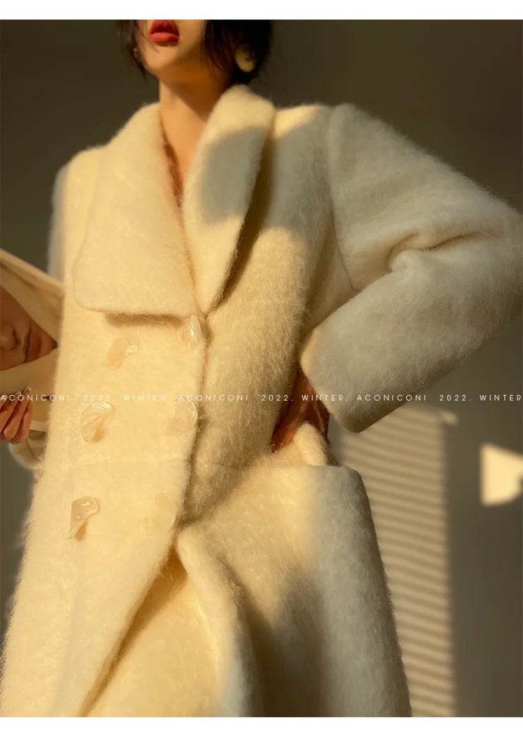 Coat – Double Breasted Long – Wool Blends – White | KIMLUD