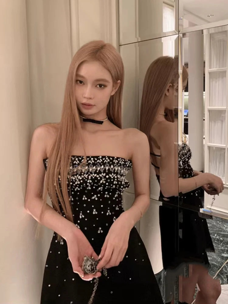 Spring Women Sleeveless Slash Neck Mini Dress New Luxury Diamonds Chest Wrapping Dresses Summer High Waist Backless A-line Dress