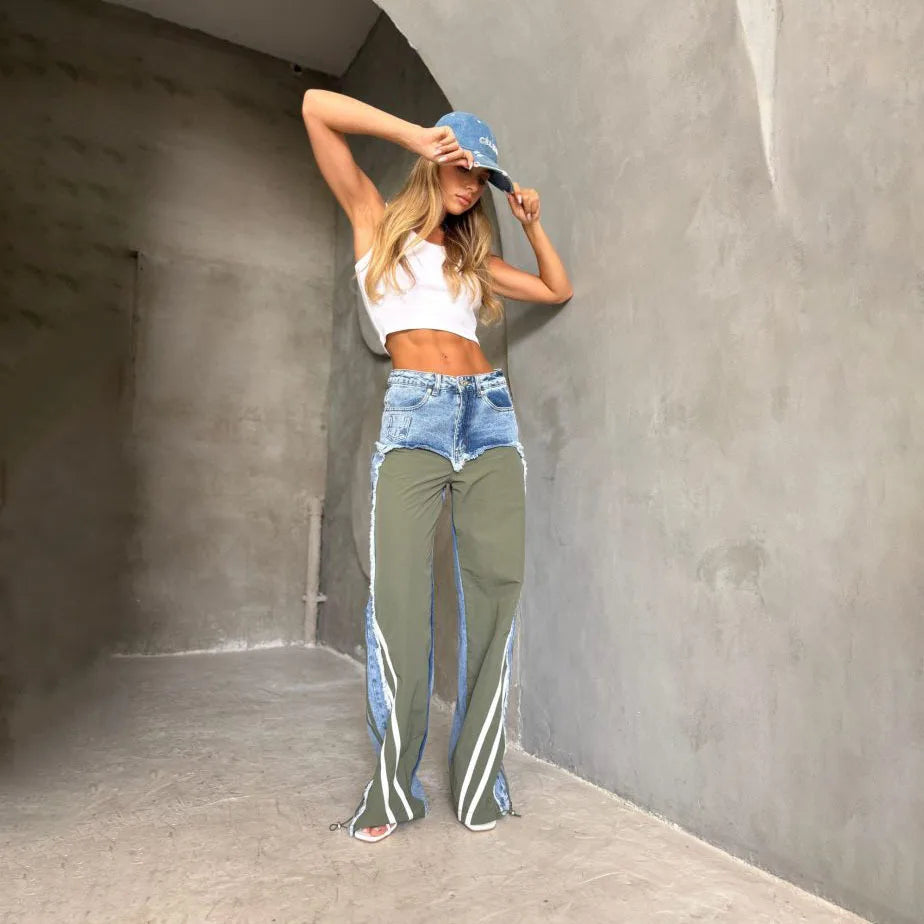 Street Splicing Jeans for Women's Autumn New Style Pants Contrast Striped Fringed Jeans