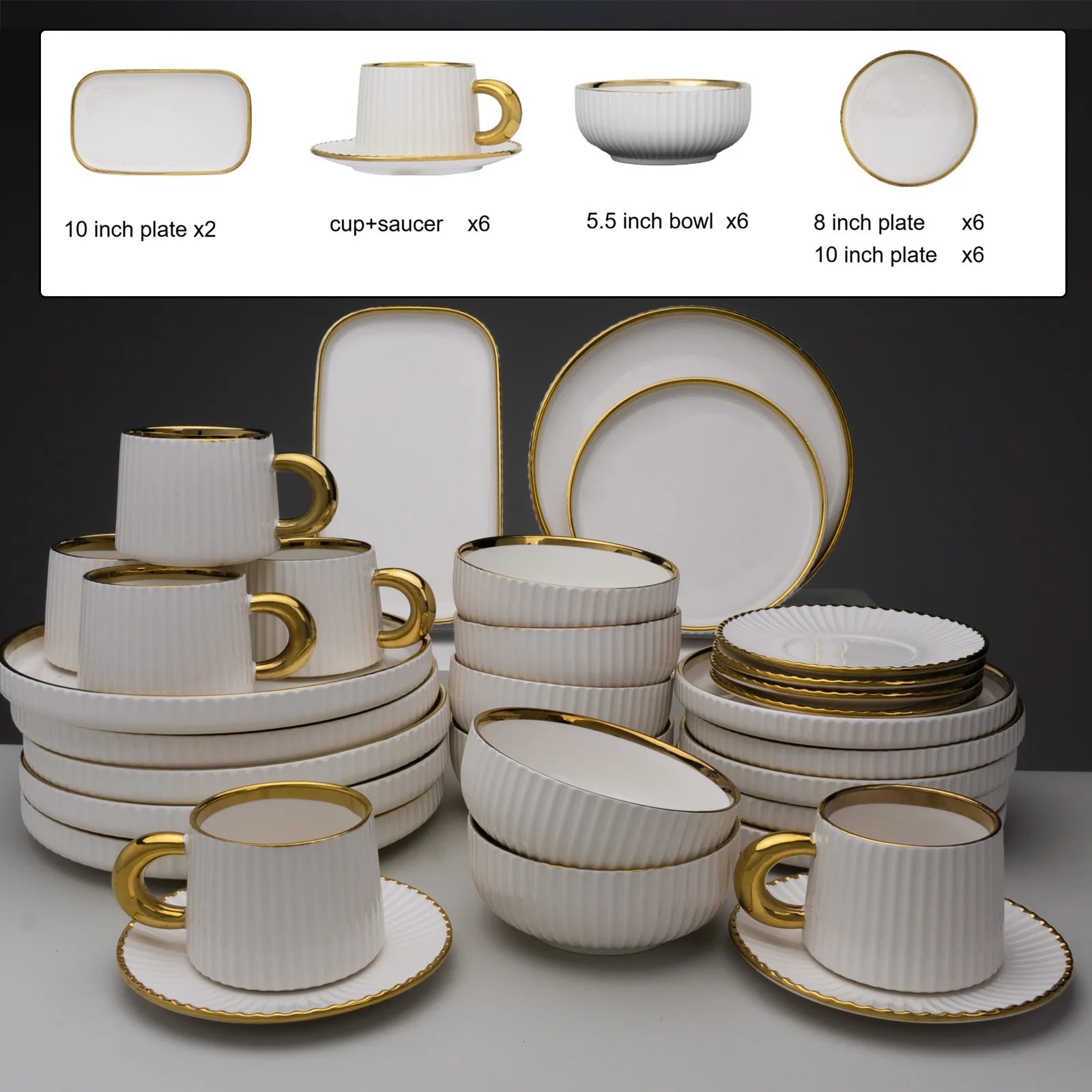Porcelain Dinnerware Set With Gold Trim For Six — White | KIMLUD