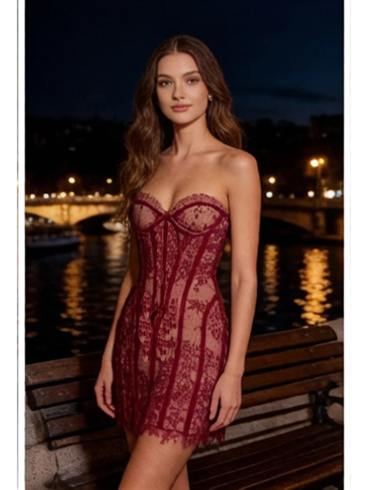 Corset Mini Dress - Floral Lace - Polyester - Wine Red | KIMLUD