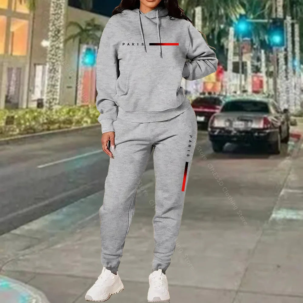 Paris Letter Print Hoodie and Pants Set — Cream | KIMLUD