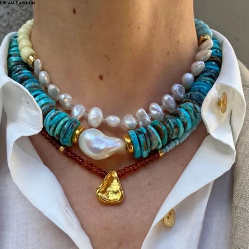 Handmade Lucite Beaded Pearl Choker Necklace — Blue | KIMLUD