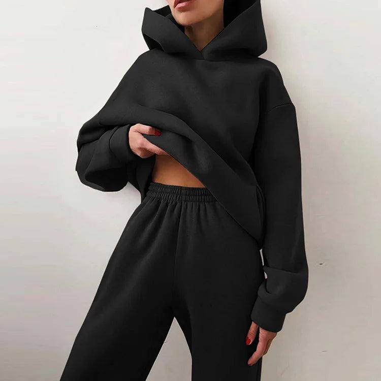 2 Pieces Set Women New Fashion Leisure Autumn Winter Pure Color Fleece Hooded two-piece Sports Suits Dropshipping LKX21660