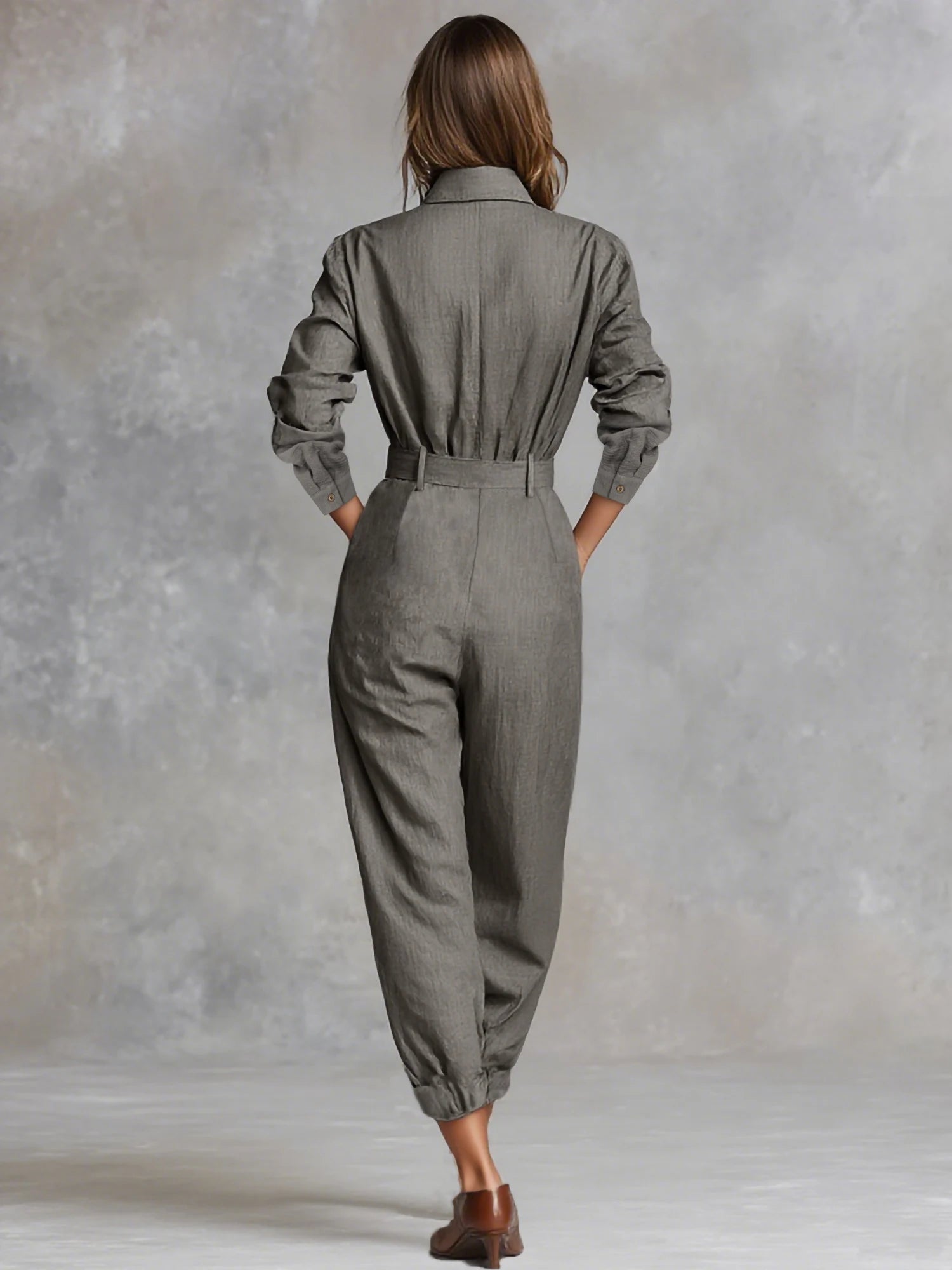 Polyester-Linen Utility Jumpsuit With Double Belt — Slate Gray | KIMLUD