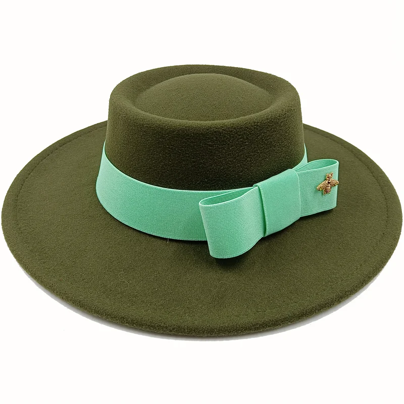 Wholesale Fedora hats Winter round concave convex surface flat top bow elastic ribbon men&#39;s and women&#39;s felt jazz hats Fedora - KIMLUD