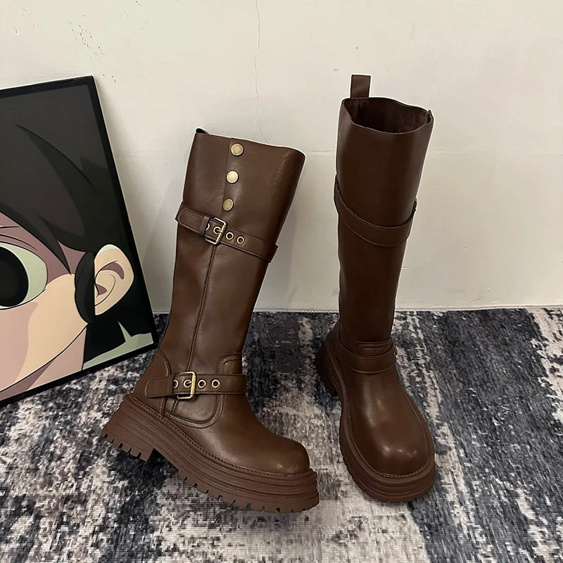 Winter Vintage Platform Thick Sole Woman Knight High Boots Concise Belt Buckle Front zipper Shoes Ladies Slim Modern Long Botas