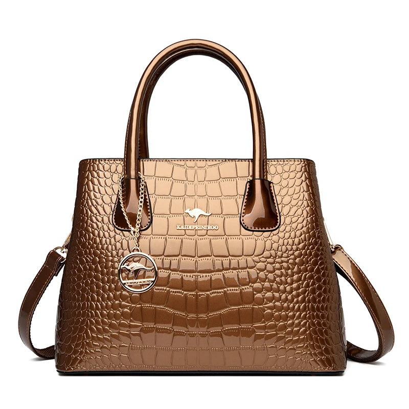 Crocodile Pattern Patent Leather Tote Bag Crossbody Zipper Closure — Black | KIMLUD