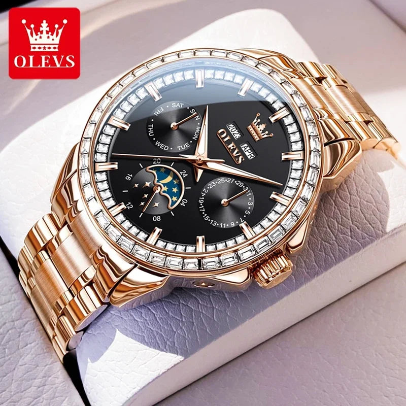 OLEVS 6695 NEW Men's Watches Full Multifunctional Dial Blue Leather Strap Calendar Week Moon Phase Waterproof Wristwatch