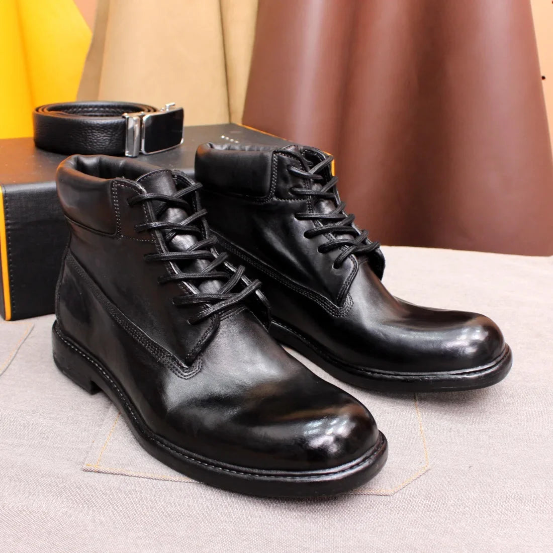 Men's British Style Ankle Boots Soft Handmade Genuine Leather Sole Windproof Comfortable Lace-up Winter Motorcycle Shoes