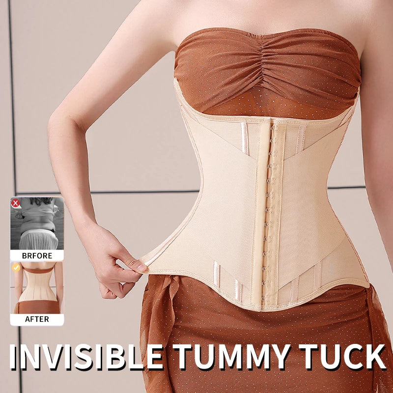 U-Shaped Steel Boned Waist Trainer Corset Buttoned Closure — Beige | KIMLUD