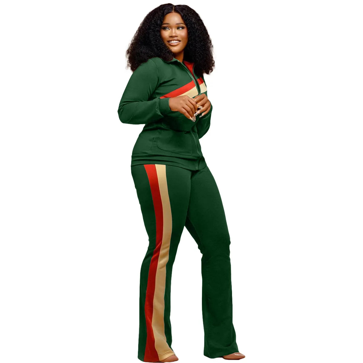 Custom LOGO Spring  Women's Sports Casual Fashion Color-matching Pocket Lapel Zipper Top Straight Pants Two-piece Set S-4XL