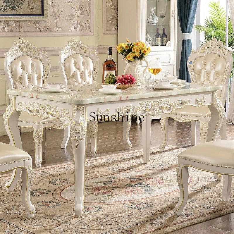 Solid Wood Dining Table Set Carved Floral — White | KIMLUD