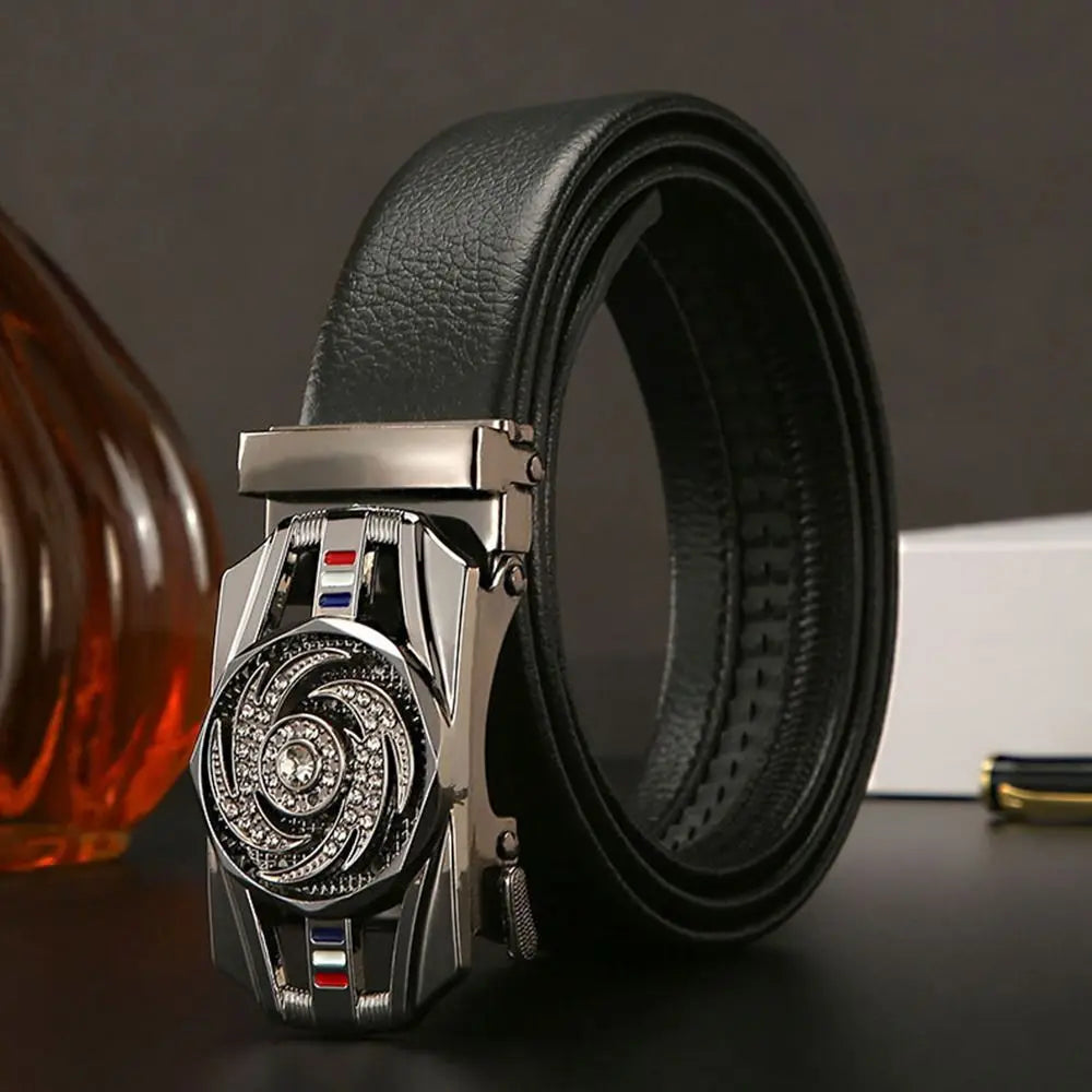 Leather Belt Rhinestone Buckle Automatic — Black | KIMLUD