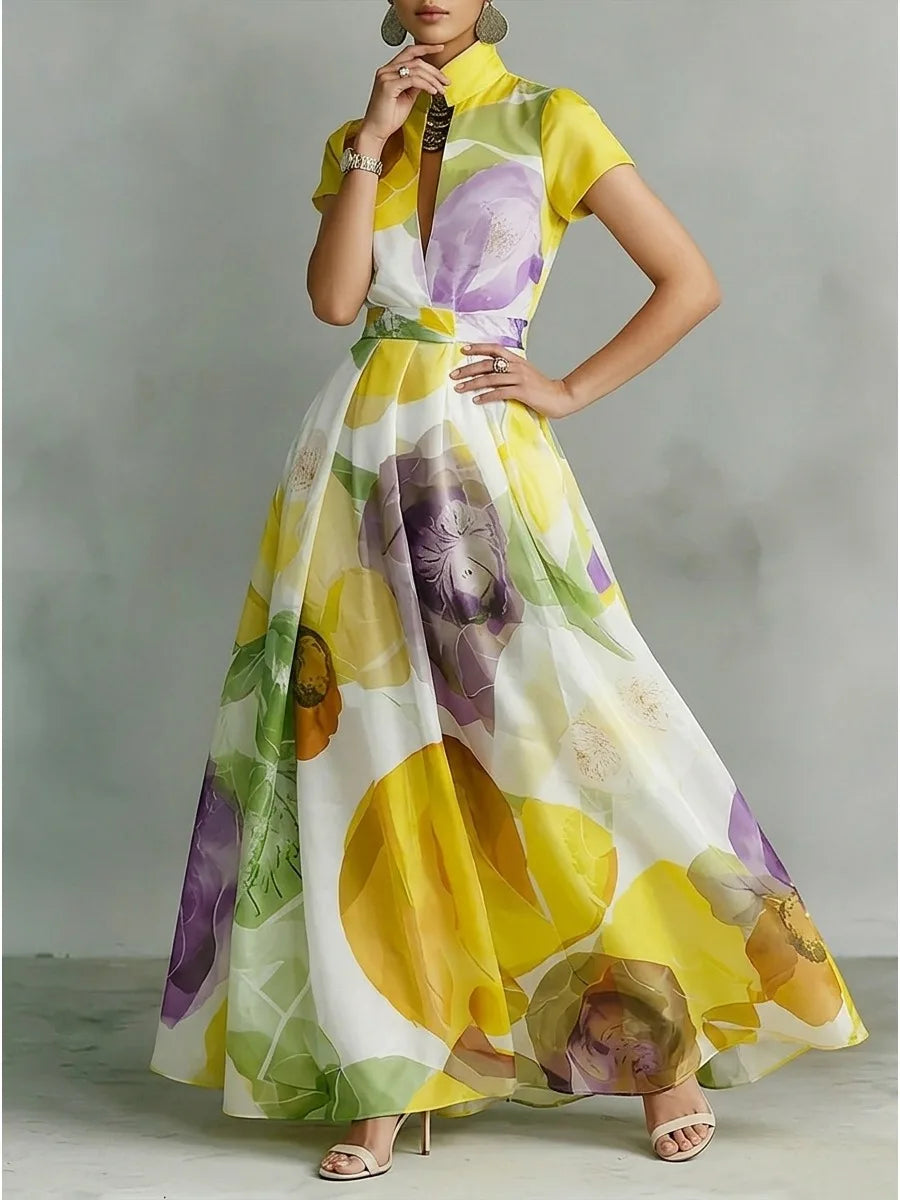 Maxi Dress – Floral Print – Polyester – Deep V-Neck | KIMLUD