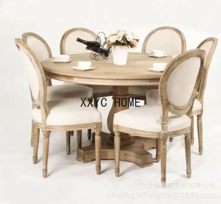 Oak Round Dining Table Set With Chairs In Retro Distressed Finish — Natural Oak | KIMLUD