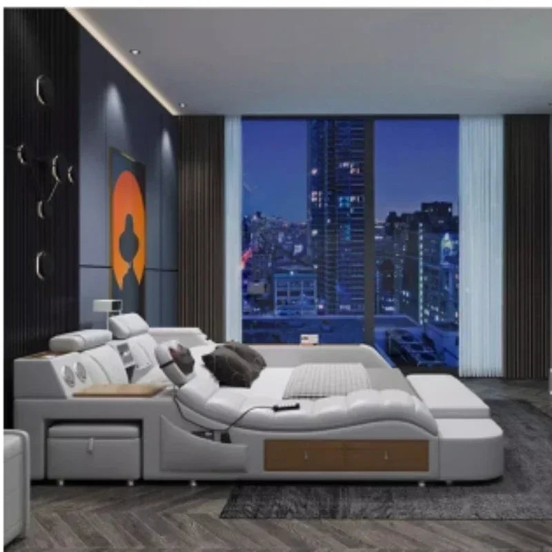 Leather Tatami Multifunction Bed With Projector — Ivory | KIMLUD
