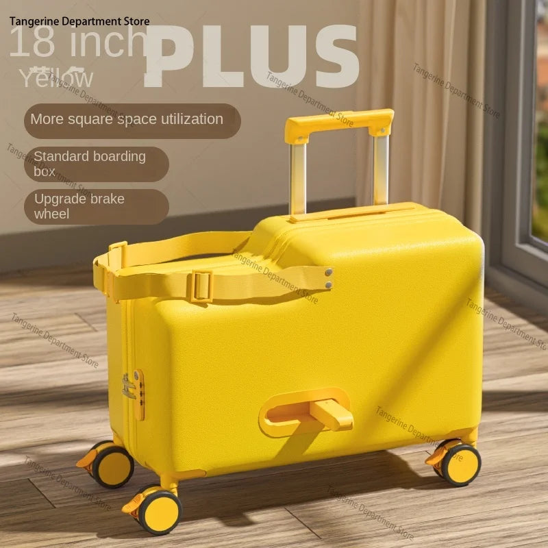 18 inch New Suitcase with Seat for Children Small Luggage Lightweight Boardable PC Suitcase Foldable Pedal Girls and Boys