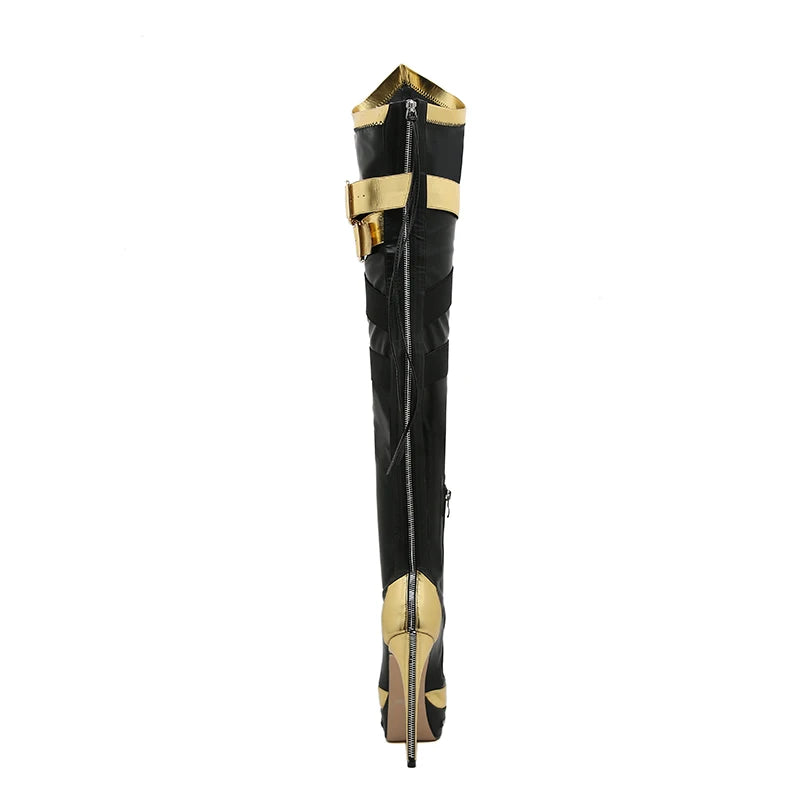 2025 Sexy Women Pointed Toe Thigh High Boots Stiletto Heel Pumps Over The Knee Bootie Platform Zipper Cross Strap Buckle Punk
