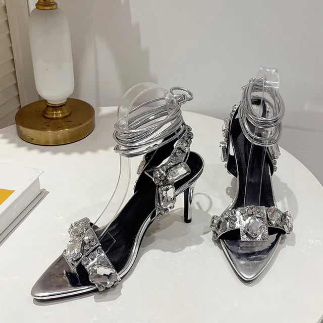 Crystal Diamond Ankle Strap Sandals Embellished — Gold | KIMLUD