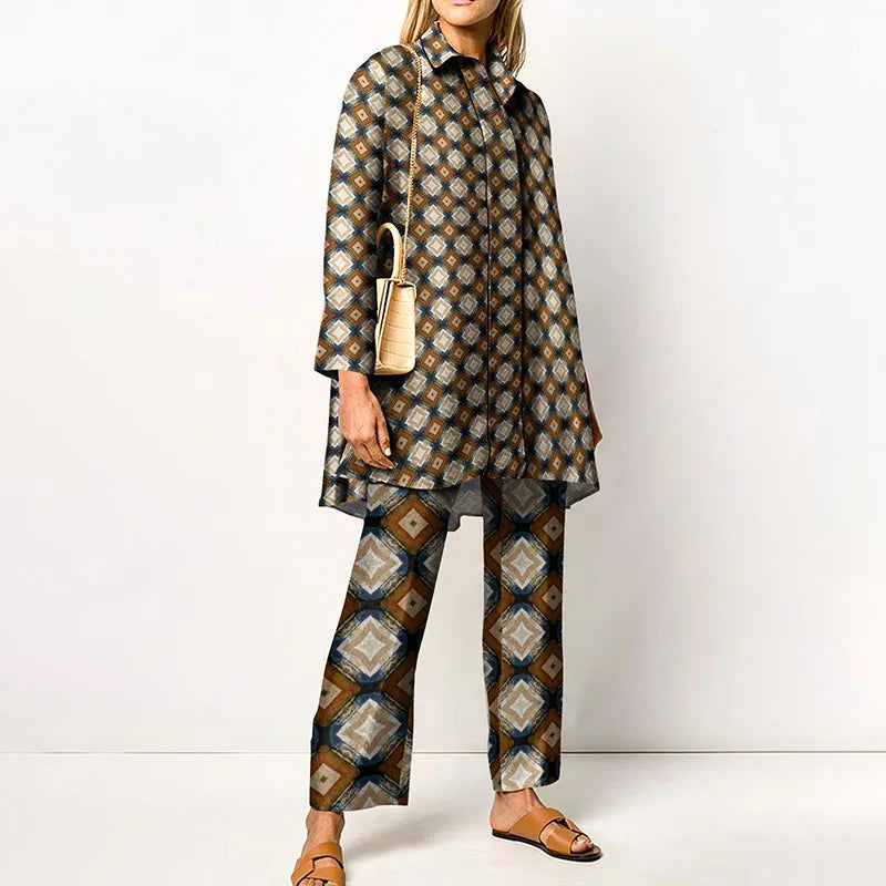 Two Piece Set – Loose Vintage Printed – Synthetic Fiber – Wide Leg | KIMLUD