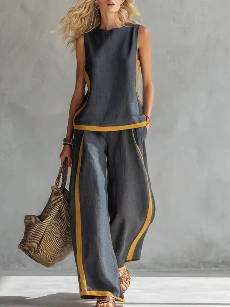 Two Piece Set – Striped Splicing – Synthetic Fiber | KIMLUD