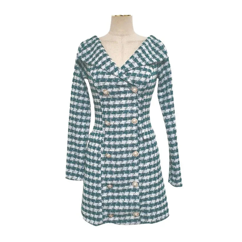 Long-sleeved Plaid Small Fragrance V-neck Women Dress Slim Double-breasted Korea Chic Elegant Vintage Spring Autumn Mini Dress - KIMLUD