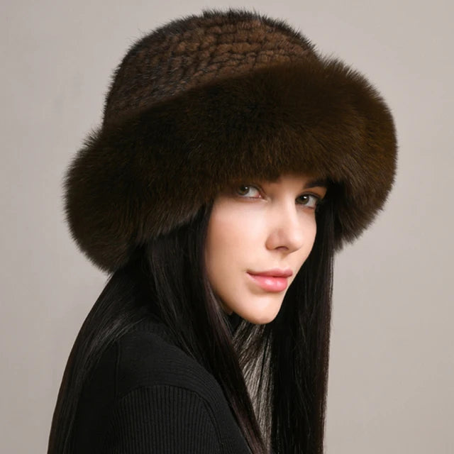 KIMLUD, New Genuine Real Natural Knitted Mink Fur Hat Cap Luxury Women Handmade Knit Fashion Winter Headwear Warm Real Fox Fur Beanies, KIMLUD Womens Clothes