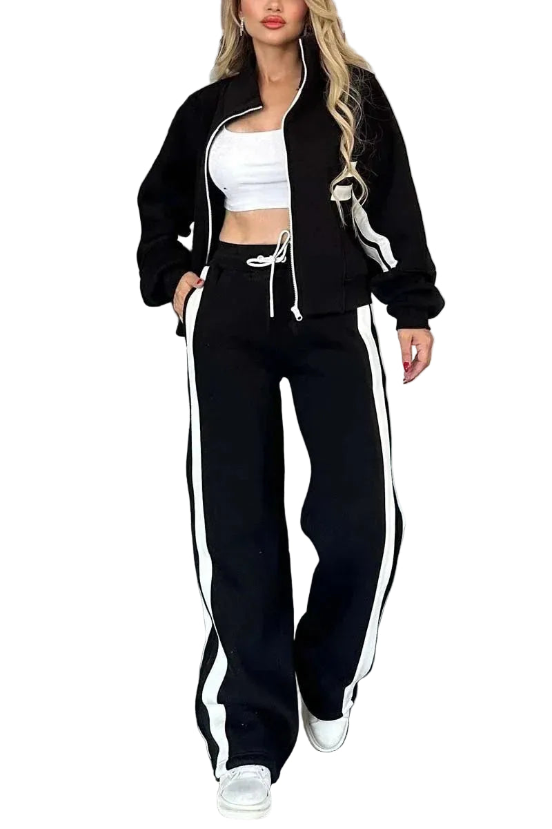 Y2K Striped Zipper Coat Two-Piece Set Red Stripe — White | KIMLUD