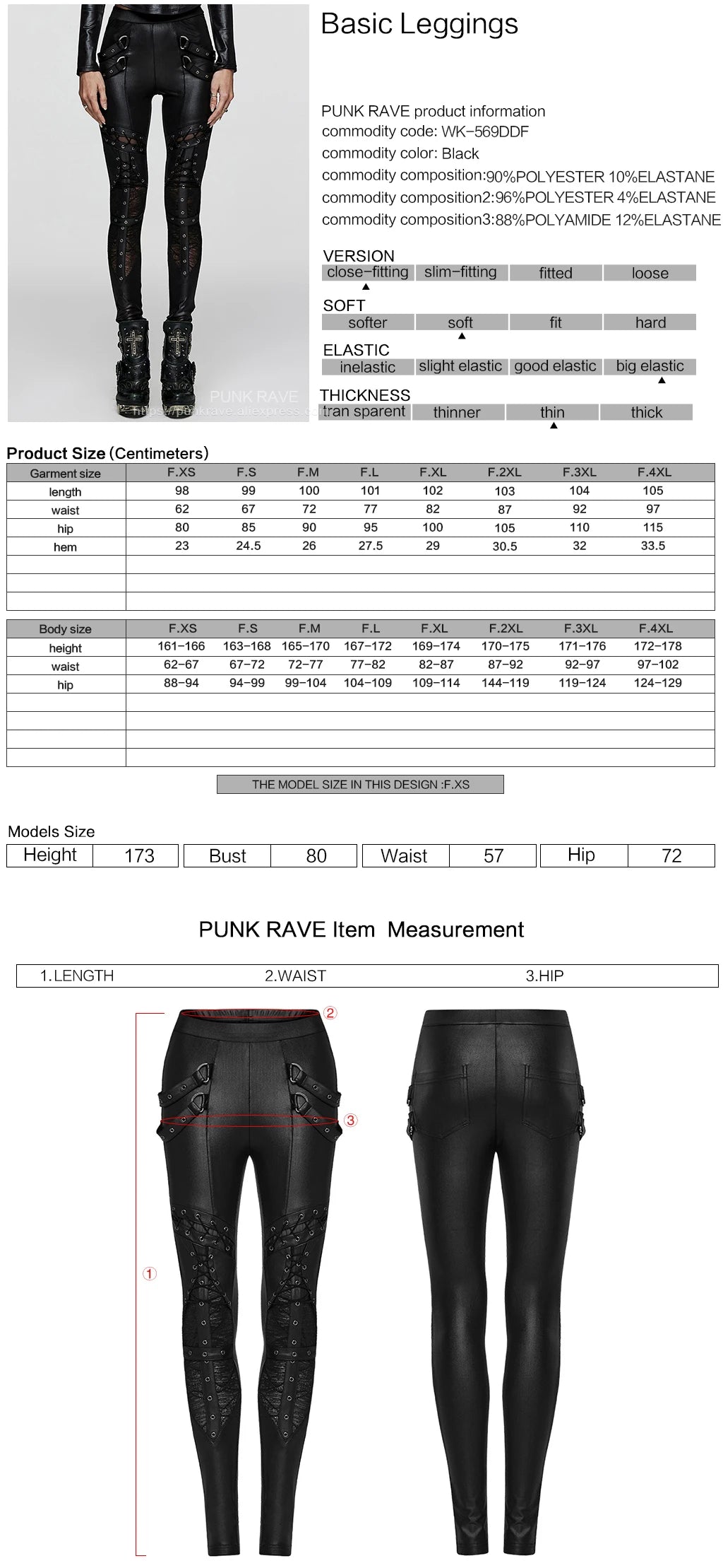 PUNK RAVE Women's Punk Geometrically Divided Textured Knit & Spliced Basic Leggings Gothic Sexy Cross Trousers
