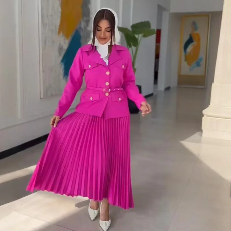Elegant Women Two Pieces Set Single-breasted Lapel Jacket Coat Belt Pleated Midi Skirt Suit 2025 office Lady New In Matching Set